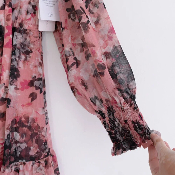 Rachel Parcell Floral Print Ruffle Chiffon  Blouson Maroon Midi Dress 4 - Picture 7 of 14